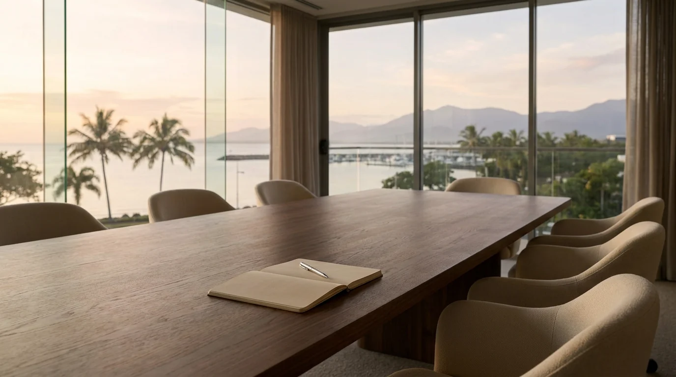 Editorial photograph of a boardroom at dawn
